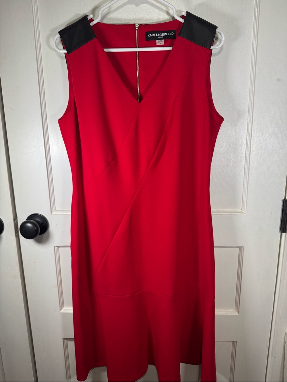 Karl Lagerfeld Red Sheath Dress with Black Shoulder Panels